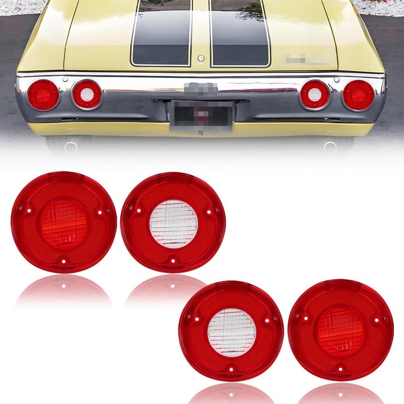 VYNTRAL Rear Tail Light Back Up Lens Compatible for Chevelle Malibu SS 1972, [DOT Certified] Rear Bumper Reflector Light Lens [No Bulbs], OEM Part #CH-TL-72, CH-BL-72, 4 PCS, Red Lens - Image 1
